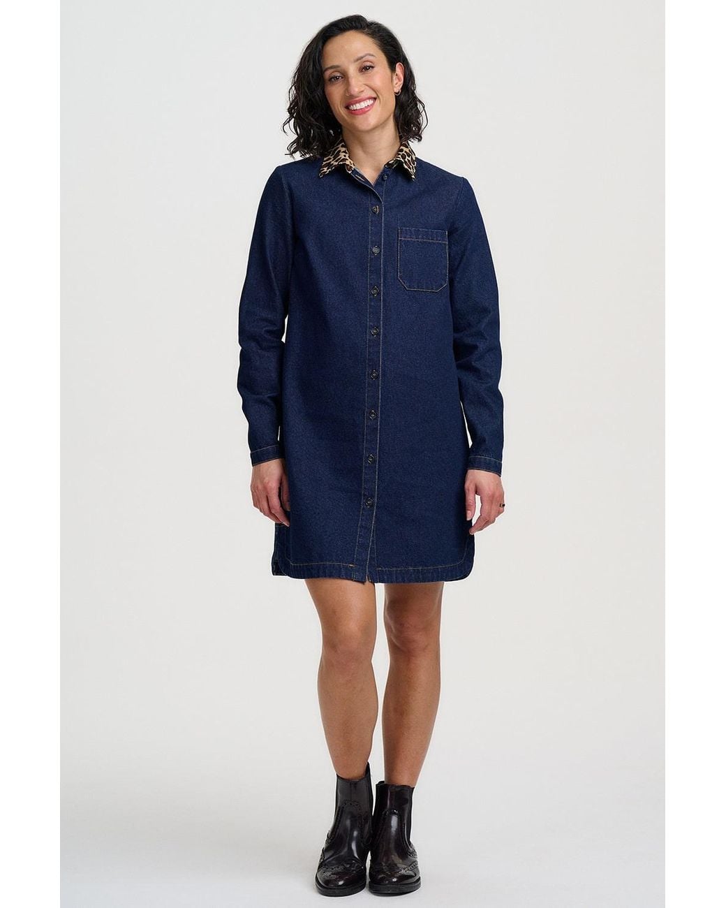 Sugarhill Blue Ilsa Short Denim Shirt Dress Leopard