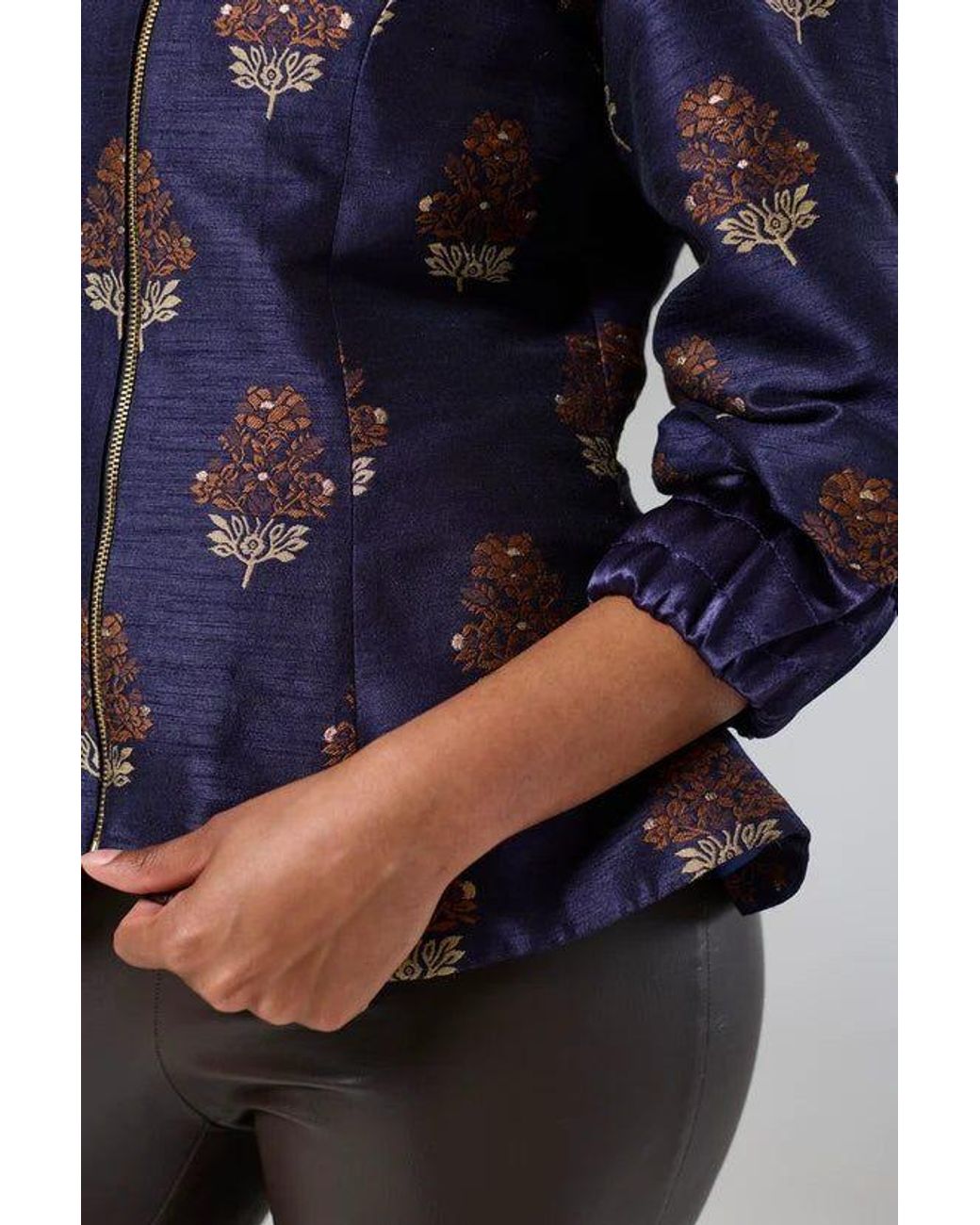 Lioness by Tf Blue Auburn Embroidered Raw Silk Fitted Jacket Blouse