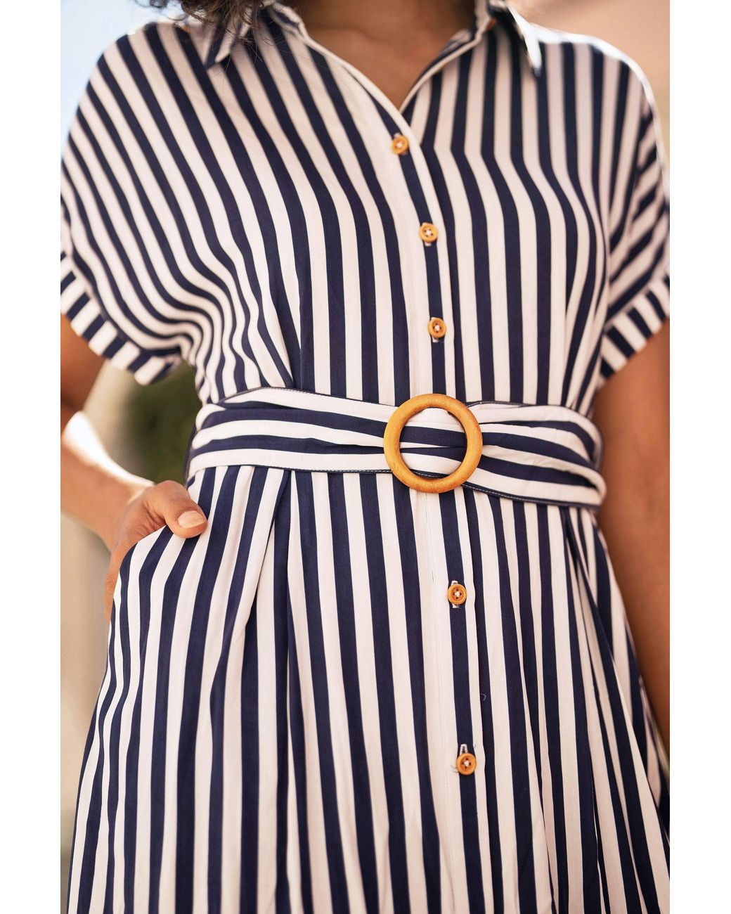 Yumi' Blue Stripe Print Relaxed Midi Shirt Dress With Belt