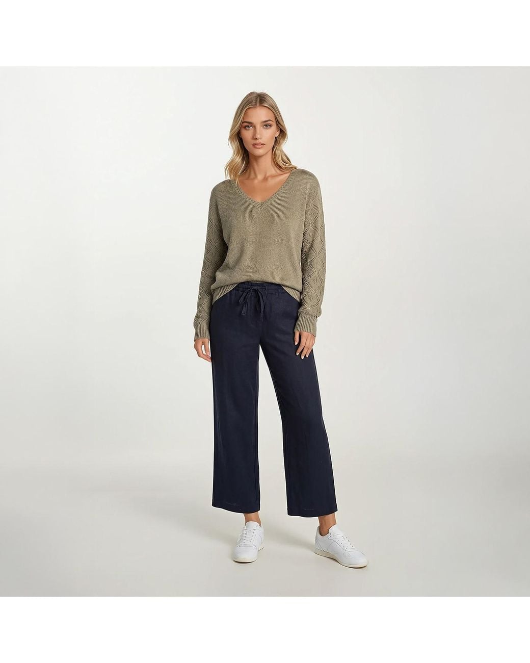 Haris Cotton Green Knit Sweater With Embroidered Sleeves Sage