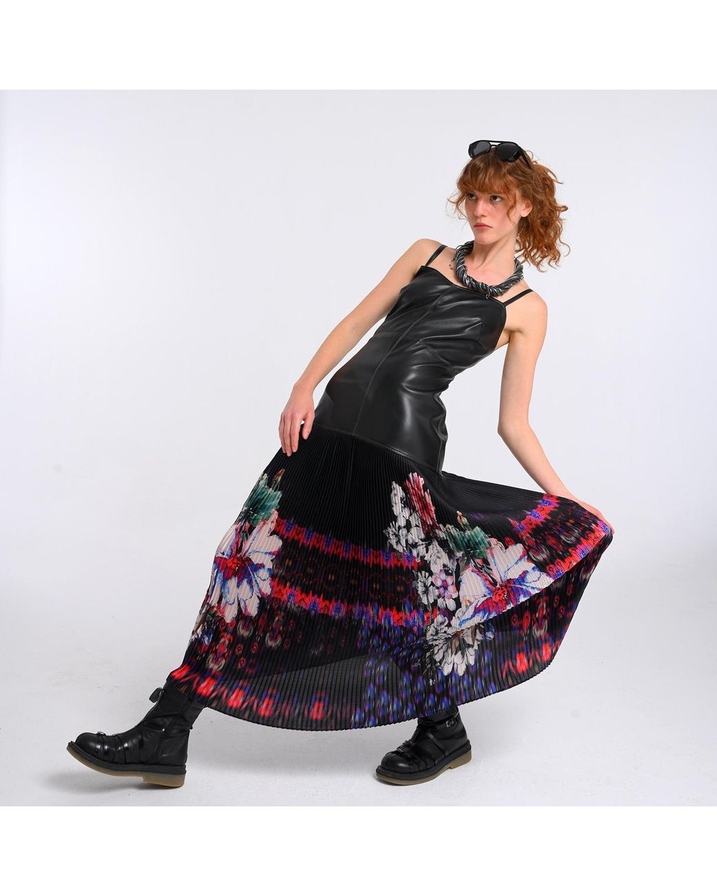 Lalipop Design Black Vegan Leather Maxi Dress With Pleated Skirt