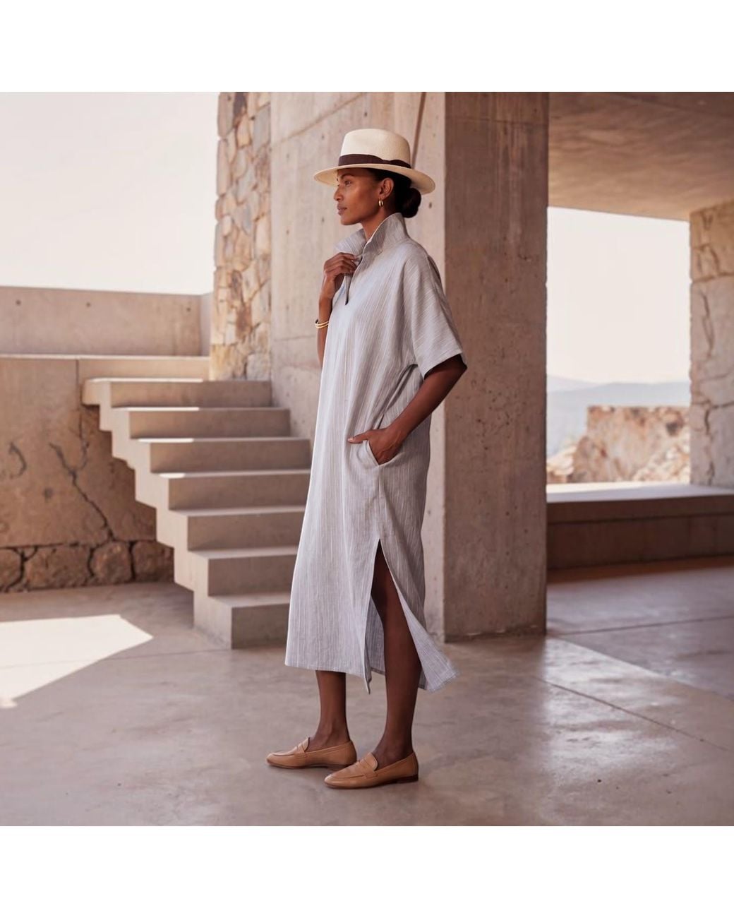 Belyed Handcraft Gray Heyam –Chic And Relaxed Fit Linen Dress By Belyed