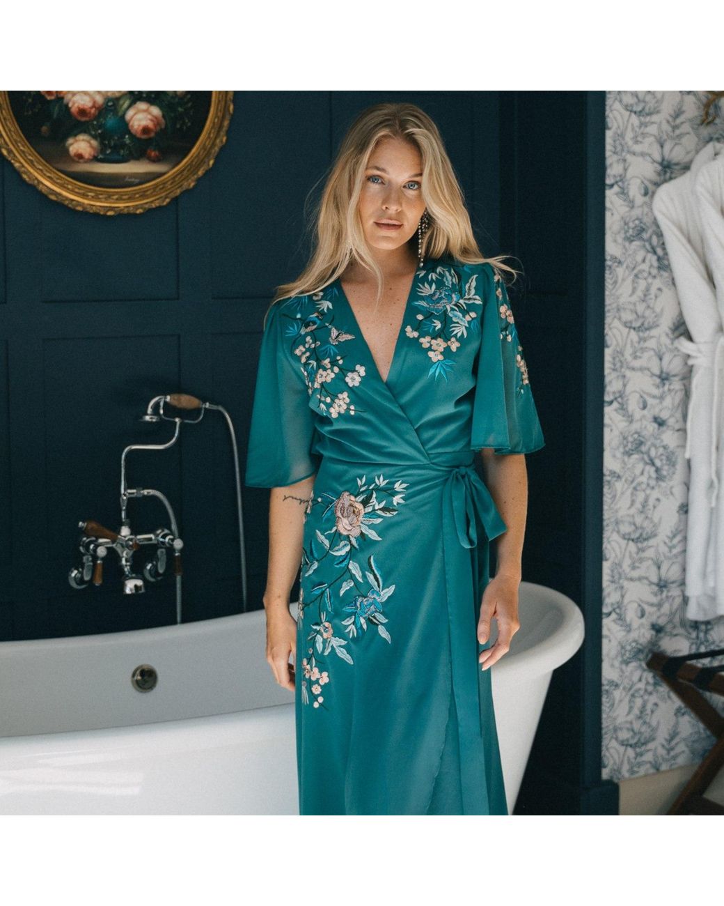 green emerald velvet dress Hope & Ivy The Emmeline Embellished Wrap Dress, Green