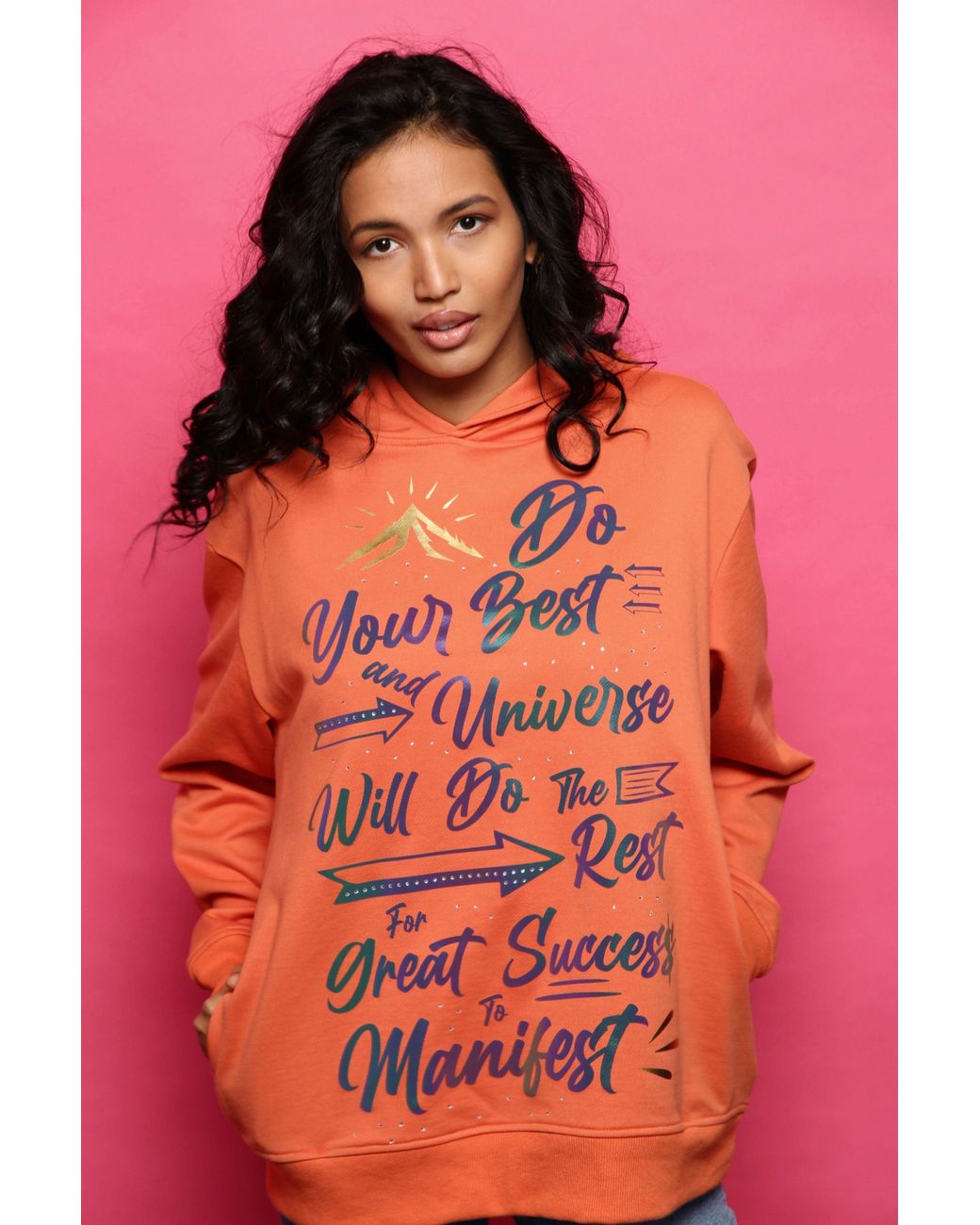 Miracles Manifester Orange Inspirational Affirmation Hoodie With Reflective & Rhinestone Design