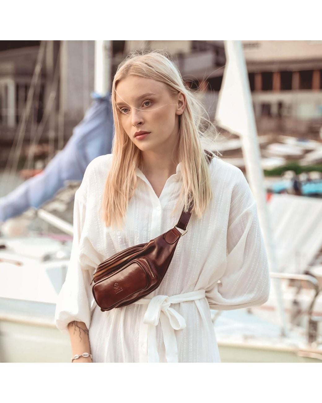 Time Resistance Brown Leather Sling Bag Belly Bag