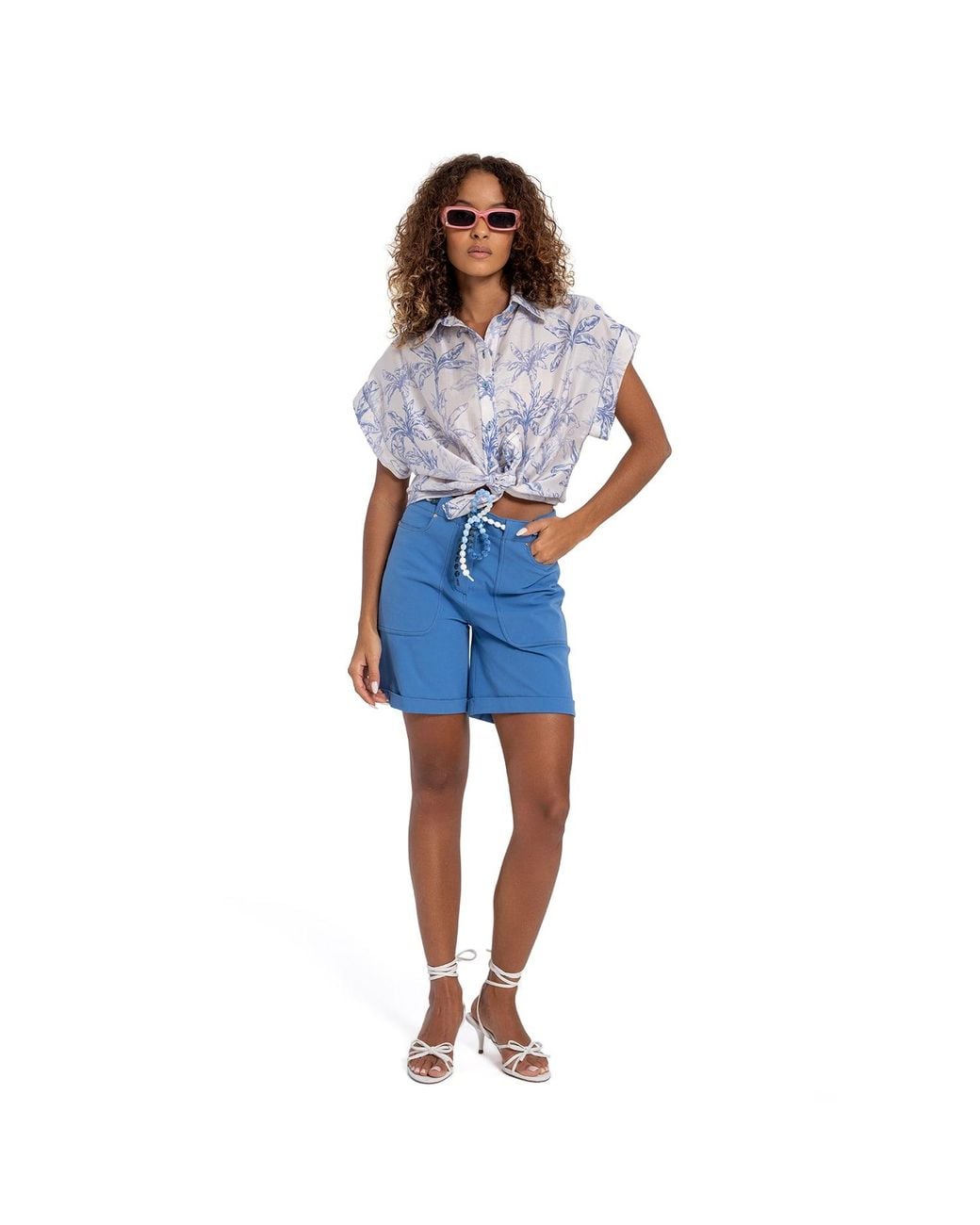 Lalipop Design Blue Drop-Shoulder Palm Leaf Printed Button-Down Shirt