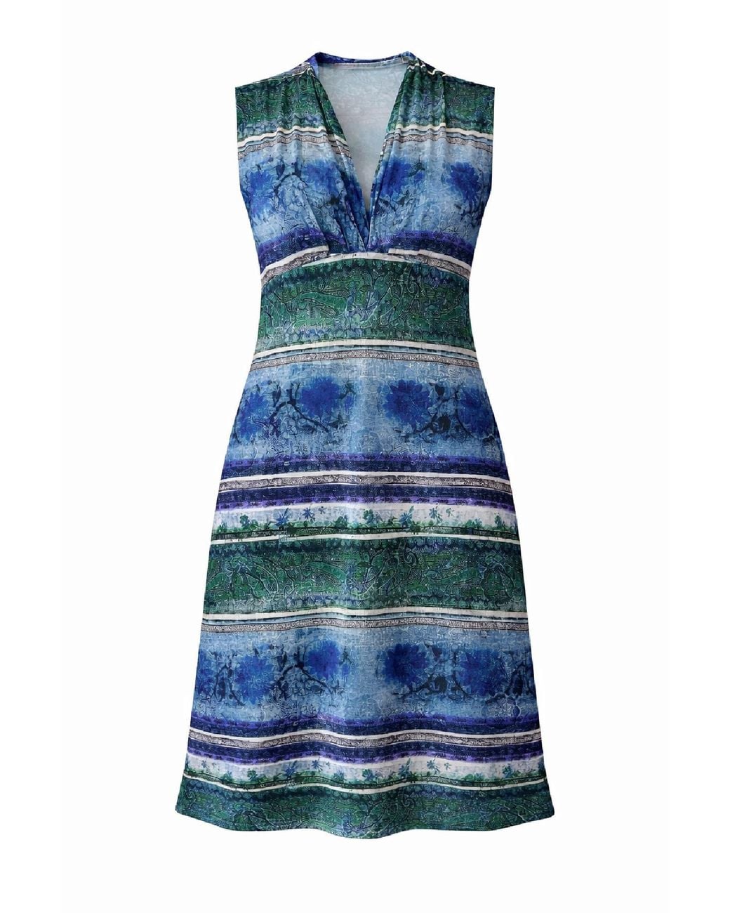 Conquista Blue Border Print Sleeveless V-Neck Dress