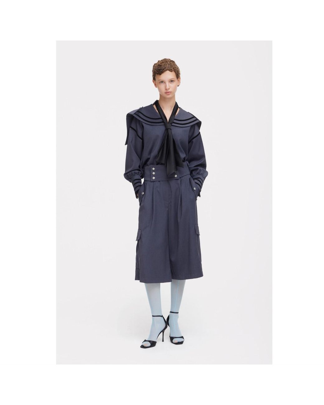 Julia Allert Blue Contrast Piping Sailor Collar Tie Front Blouse –