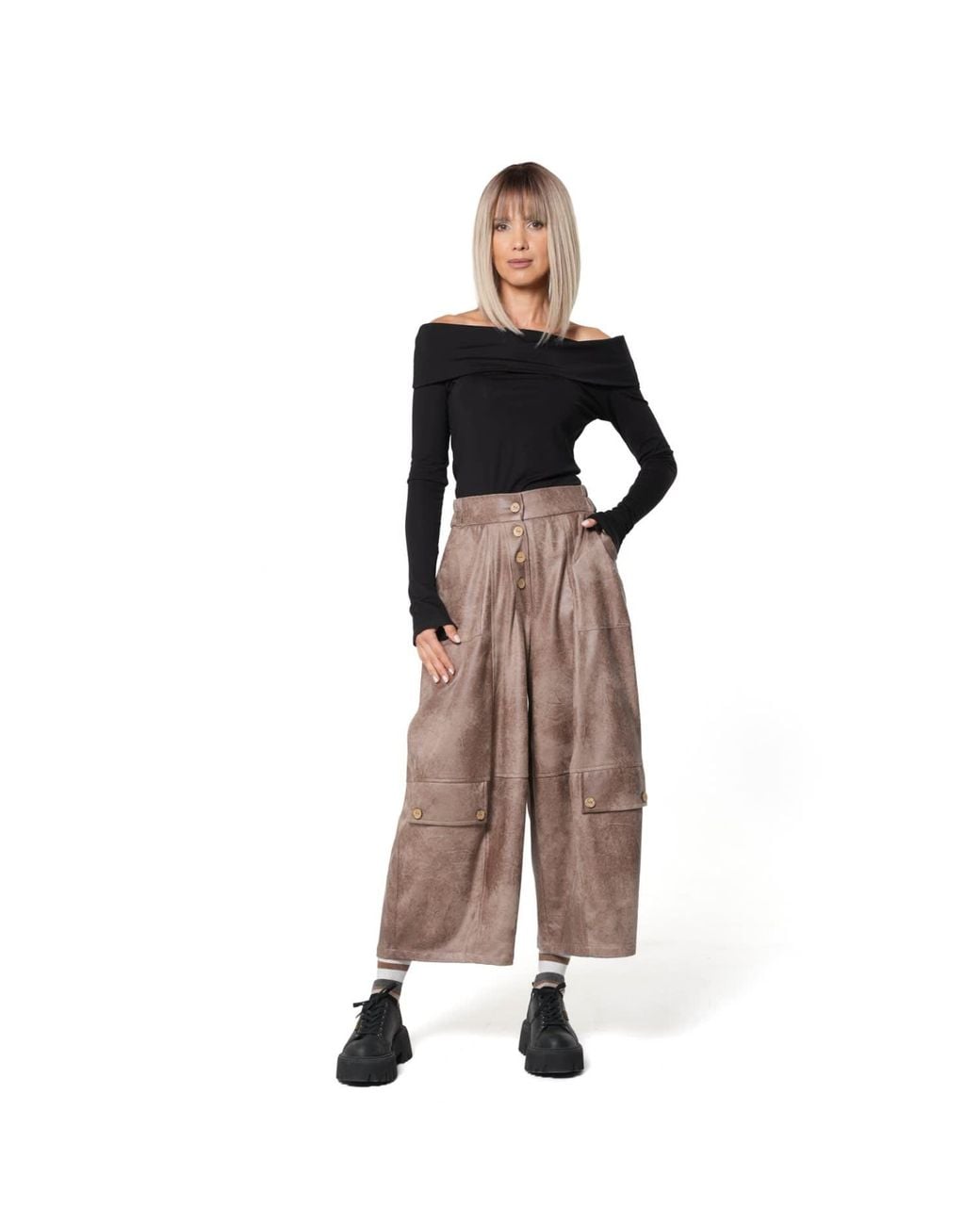 Metamorph Brown Wide-Leg Faux Suede Trousers With Buttons
