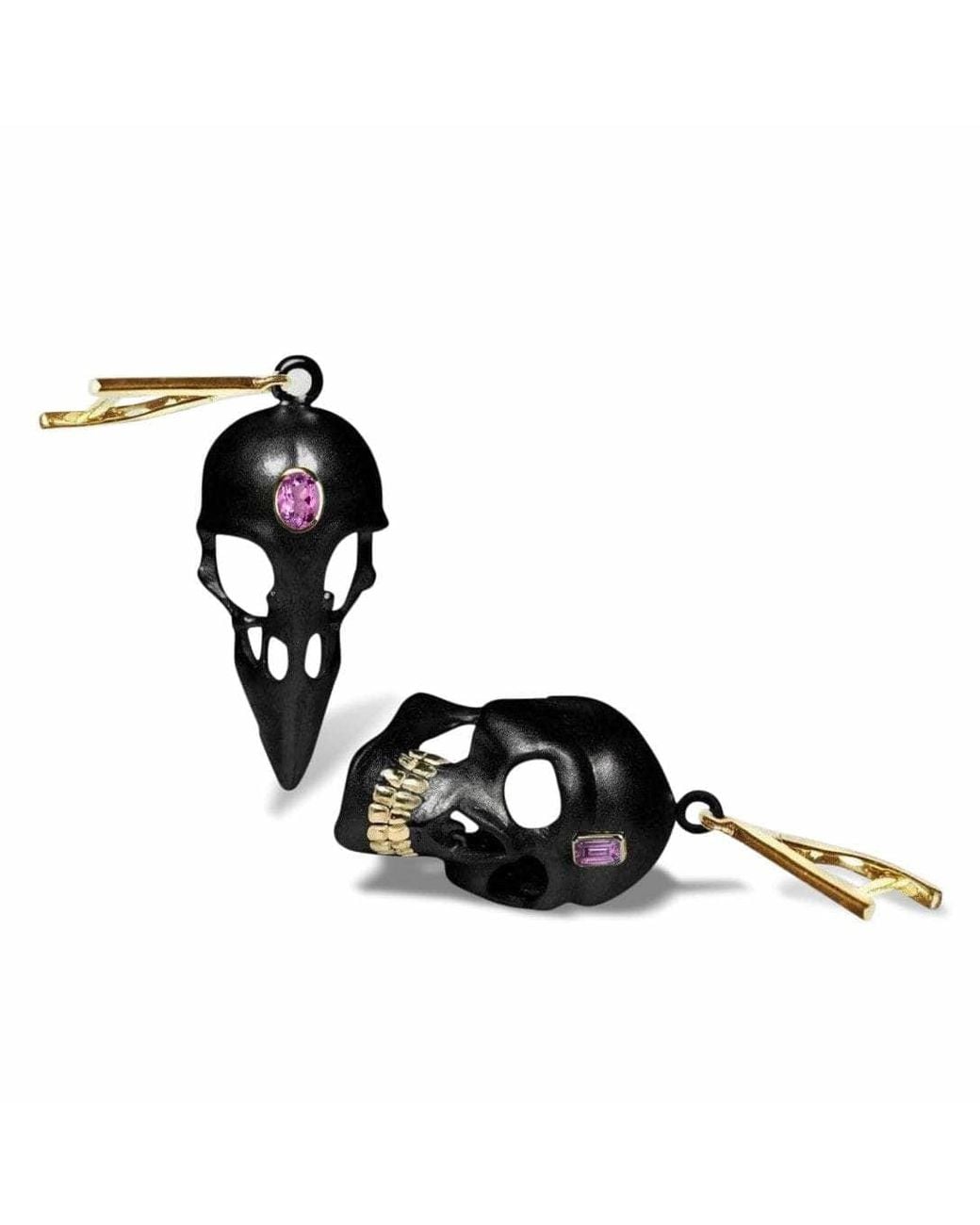 German Kabirski Black Calvina Skull Motif Asymmetric Earrings With Natural Amethyst