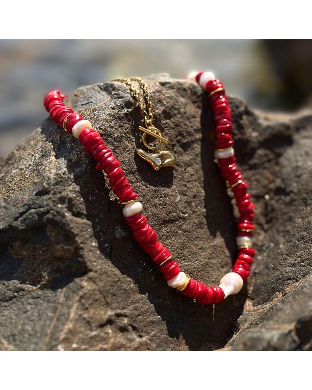 LINYA JEWELLERY Red Baroque Pearl Cylinder Coral Necklace