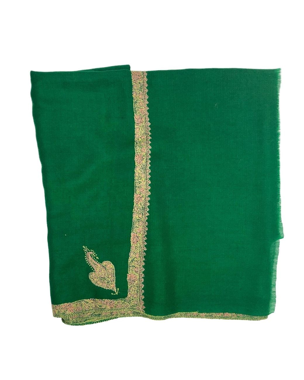 Kaminee Green Deep Pure Cashmere Stole With Paisley Hand Embroidery