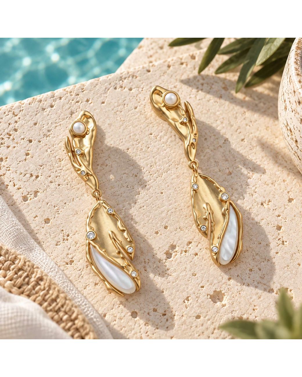 Rare Matters Jewelry Metallic Sculptural Mother Of Pearl Leaf Drop Earrings Cz Organic Earrings