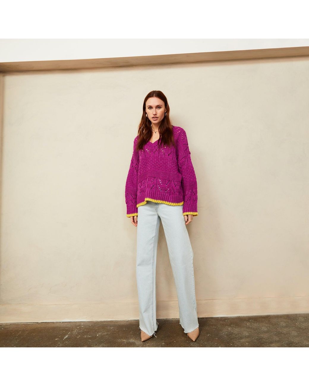 Cara & The Sky Purple Zoe Pointelle V Neck Wide Sleeve Jumper