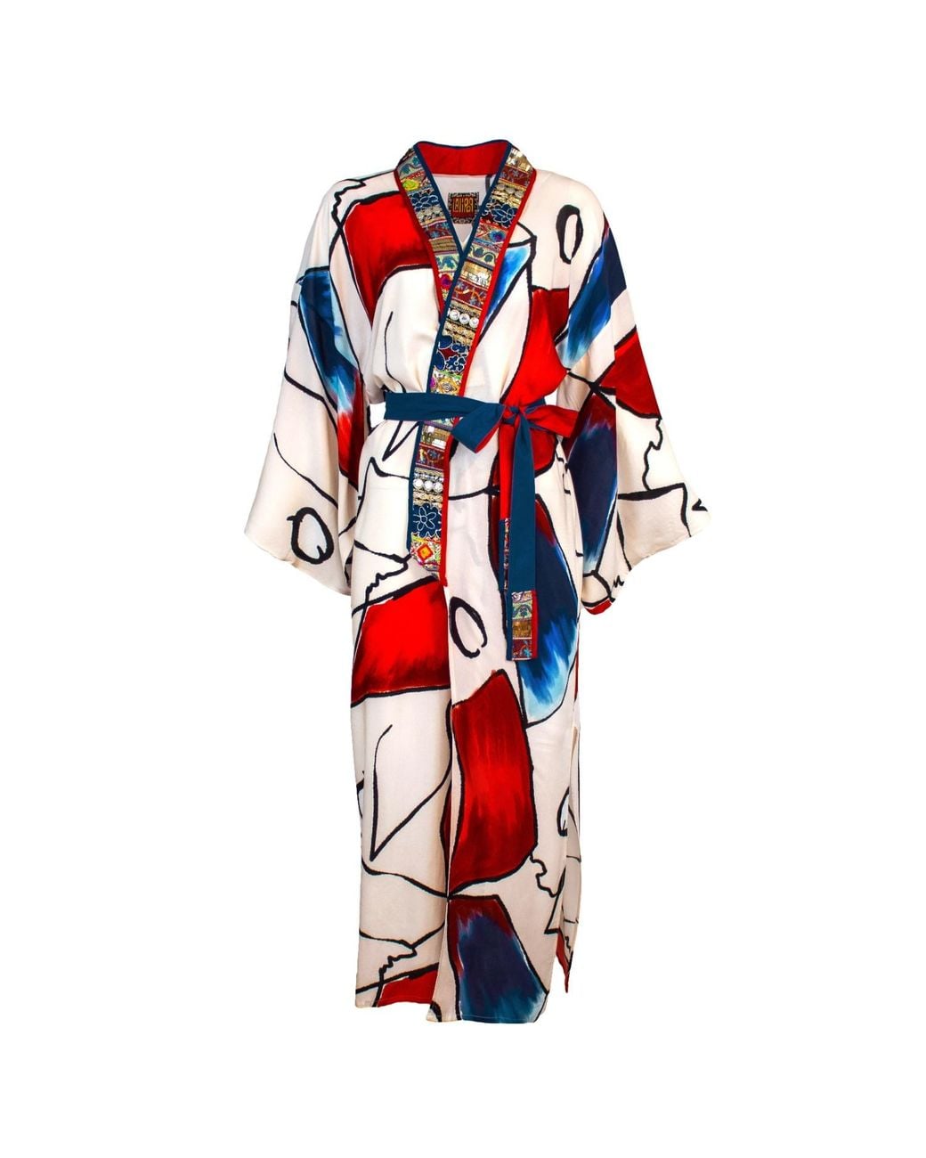 Lalipop Design Red Abstract Viscose Kimono Embellished With Embroidery Details