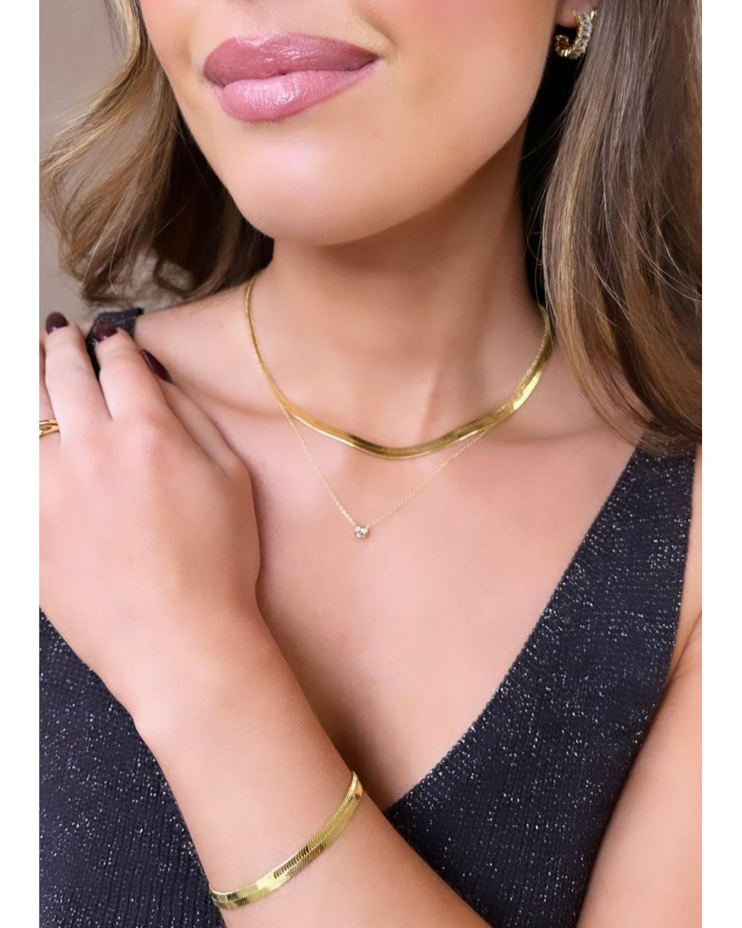 Crystals and Co Metallic Thick Herringbone Bracelet