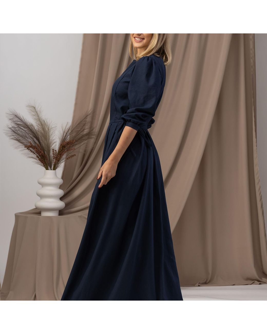 Nikka Place Blue Vintage Inspired Linen Dress With Puff Sleeves And Pockets