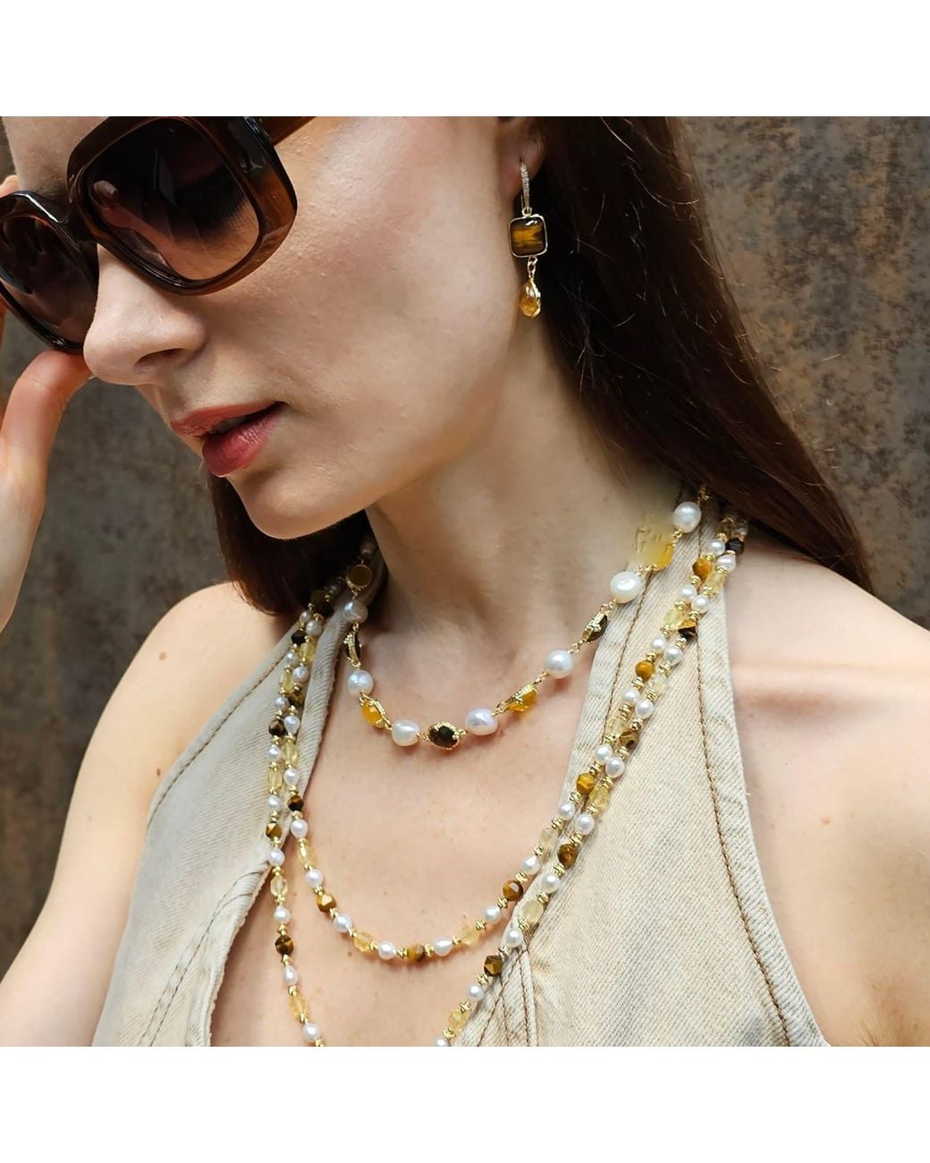 Farra Metallic Irregular Freshwater Pearls With Quartz And Tiger-Eye Stone Necklace
