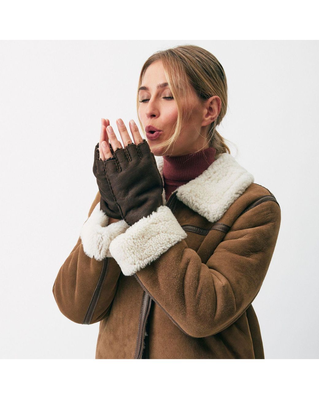 Owen Barry Brown Fingerless Gloves Hurricane Sheepskin British Made