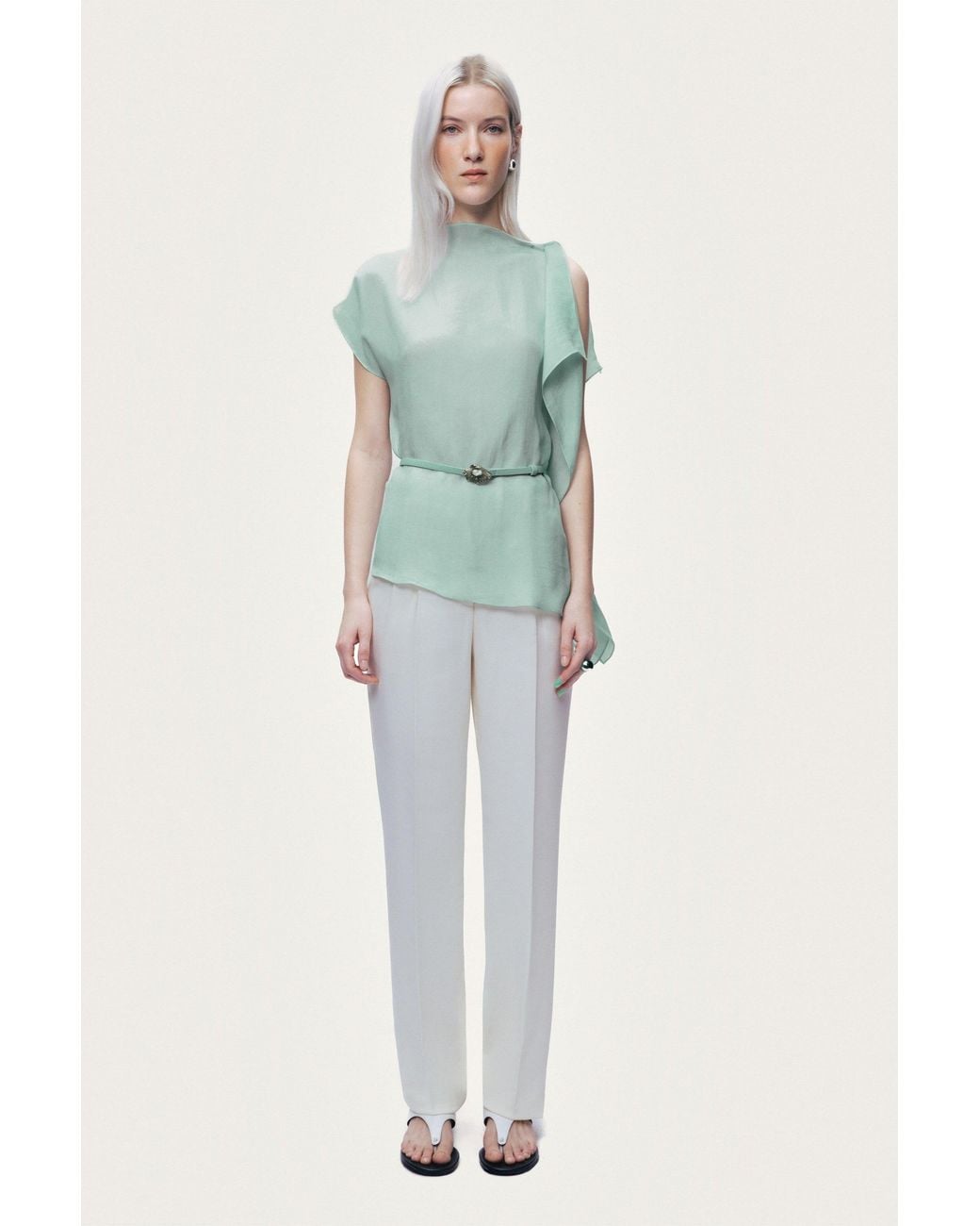 Nocturne Green Belt Detail Asymmetric Blouse
