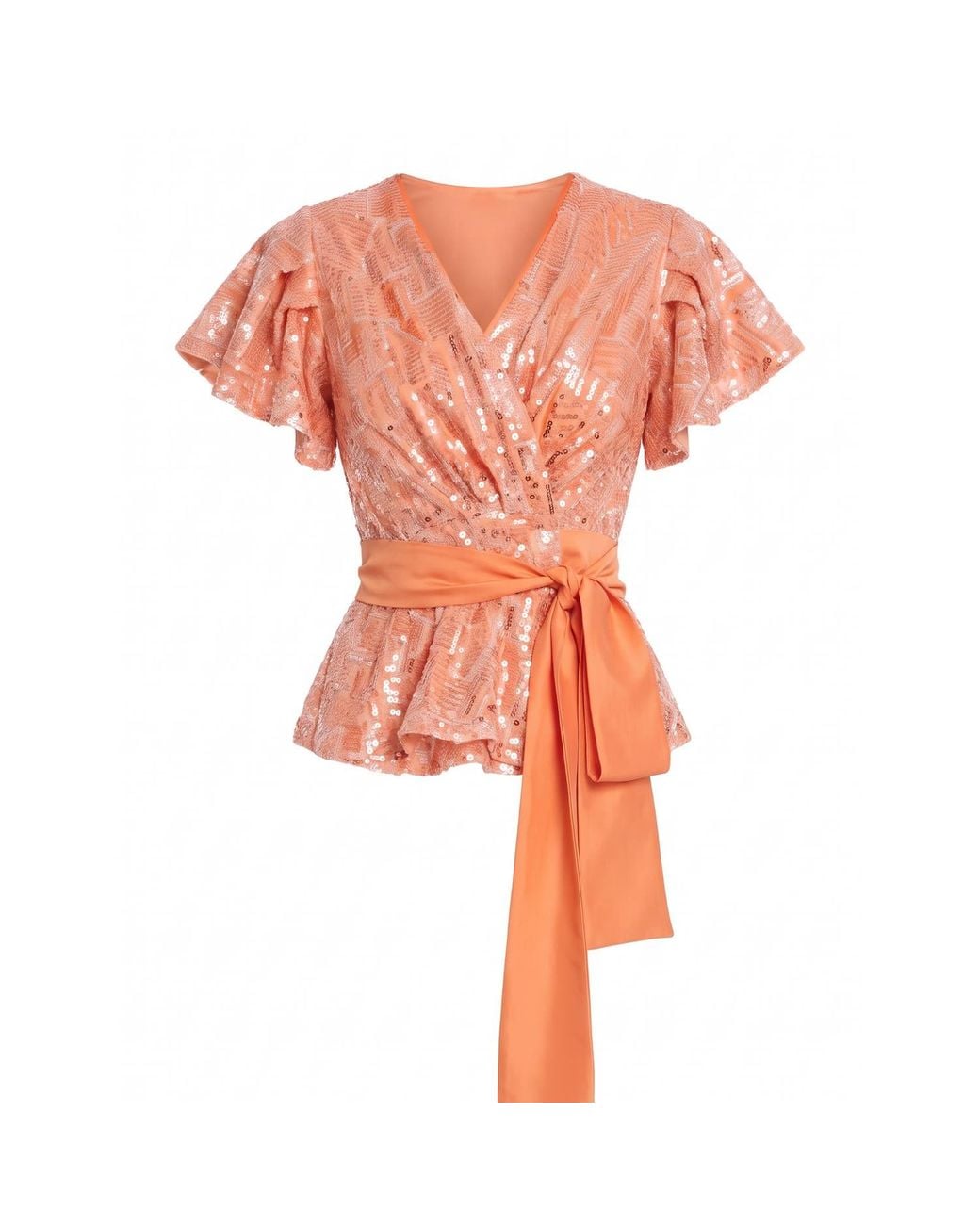 concept A trois Orange Sequin Wrap Top With Satin Tie-Belt