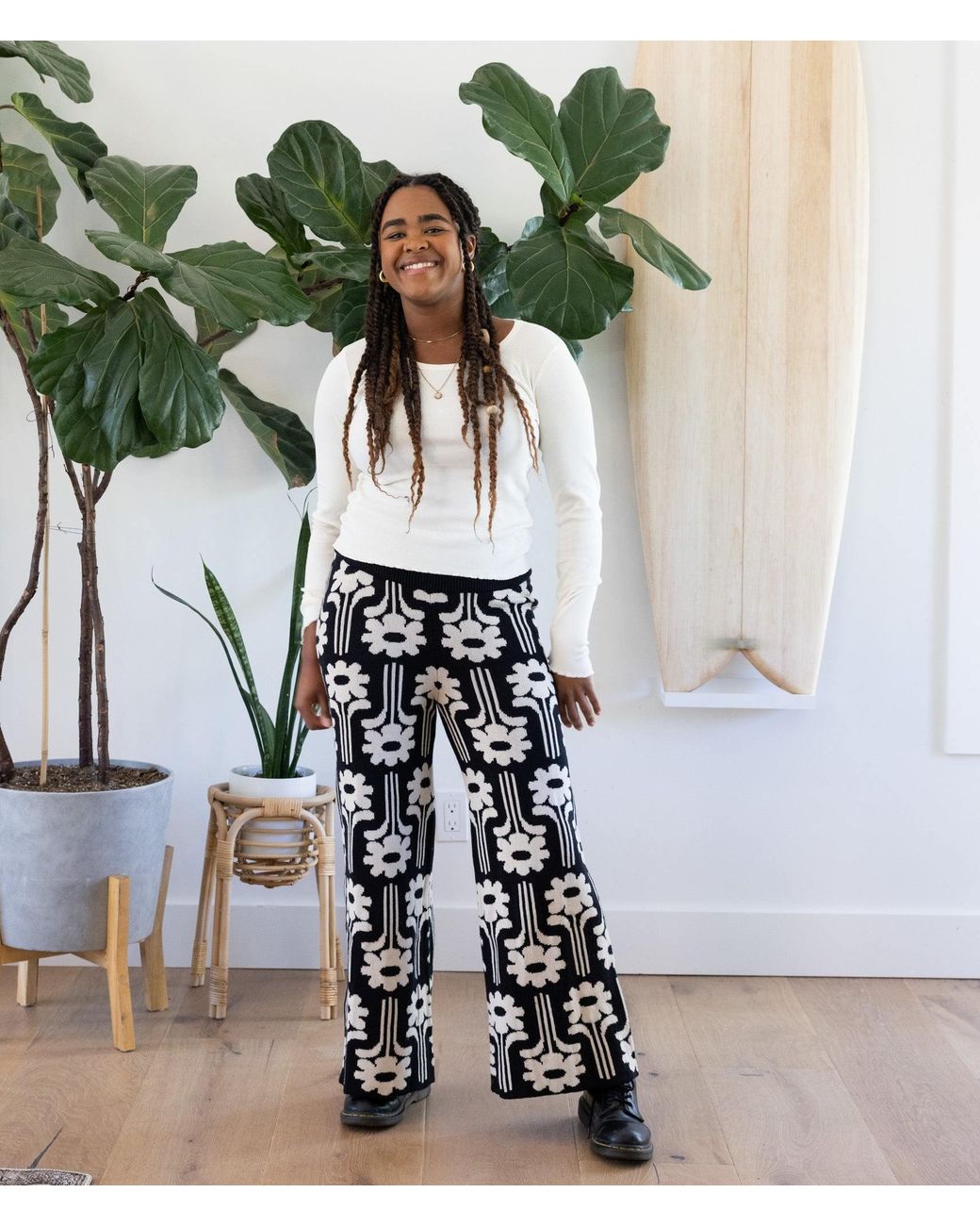 Known Supply Black High Waisted Floral Sweater Pants