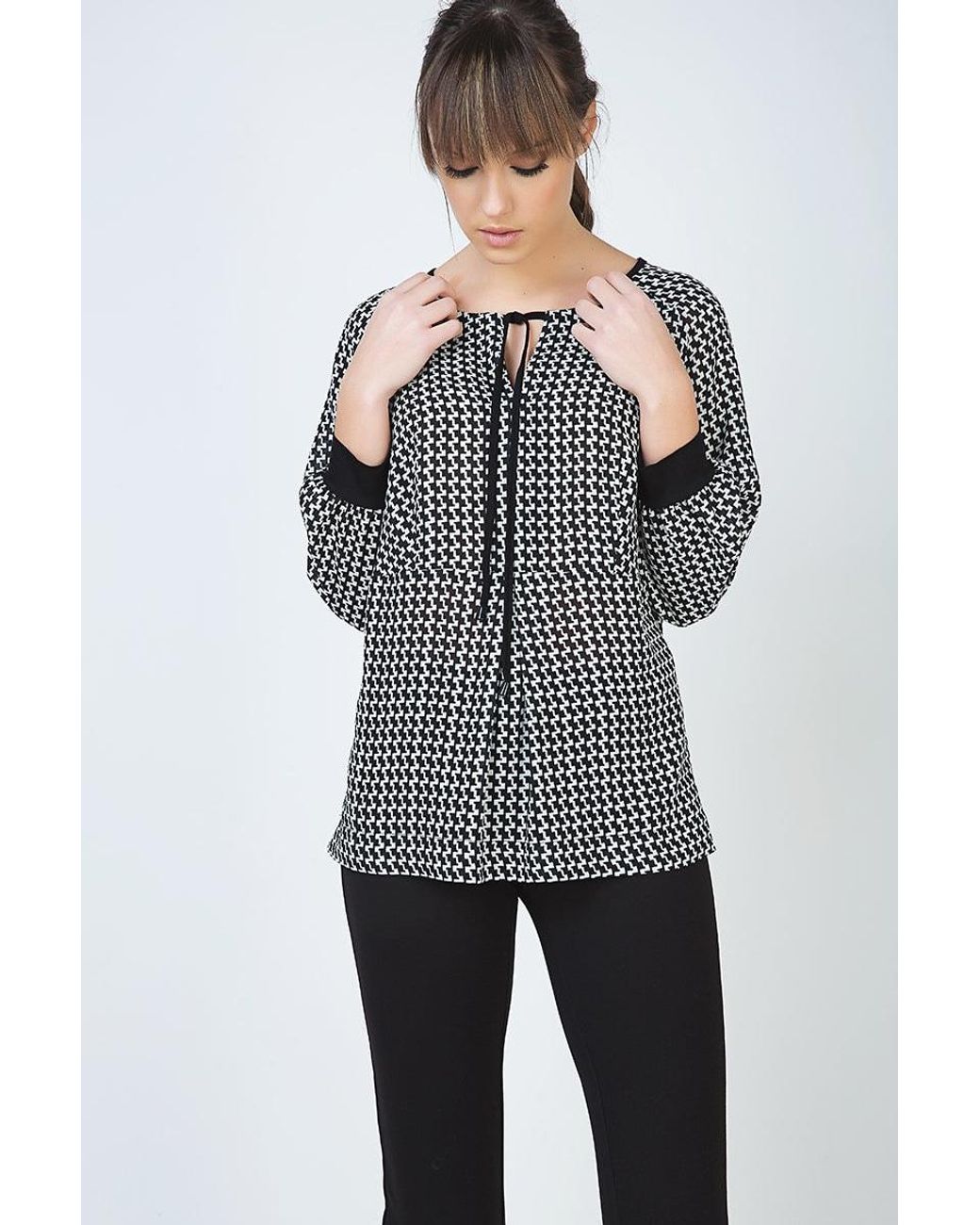 Conquista Gray Long Sleeve Print Top With Tie & Cuff Detail