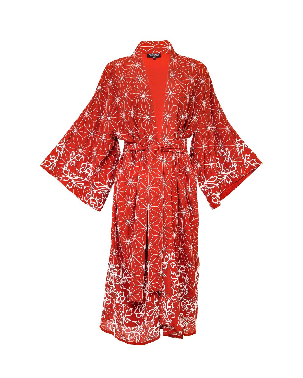 Artemis Muse Asanoha & Peony Embroidered Terracotta Fully Lined Long Kimono