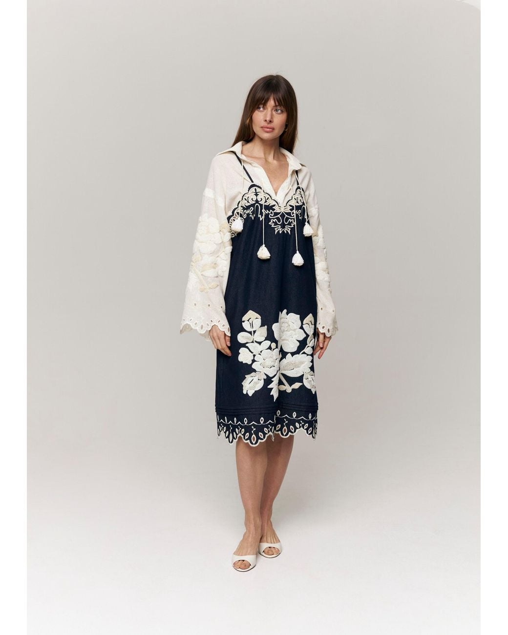Annabo Blue Amber Rose Embroidered Denim Midi Sundress