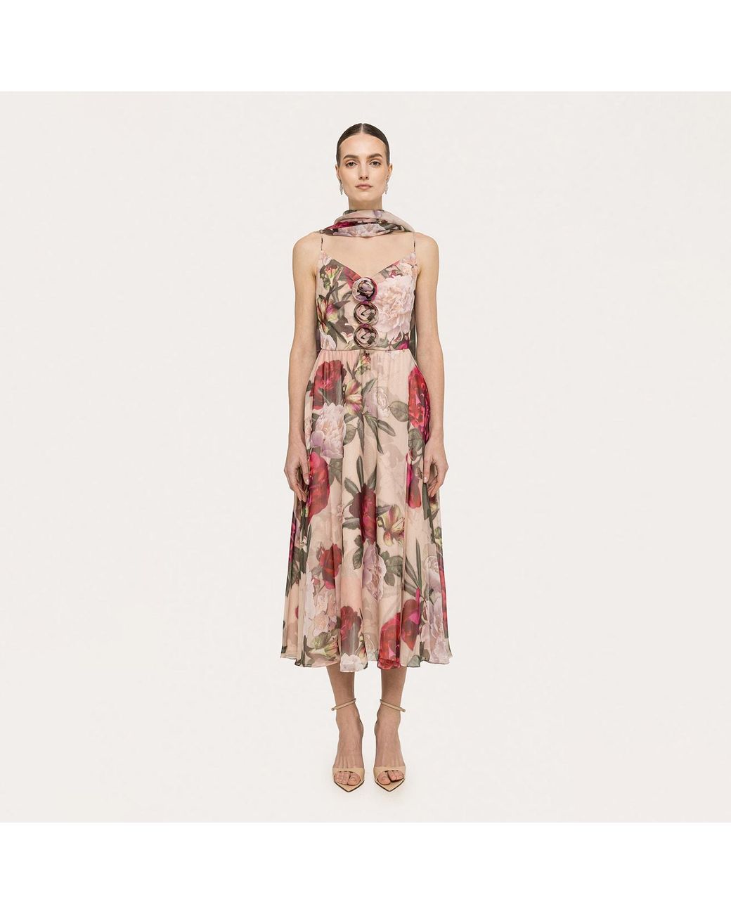 Nissa Pink Floral-Detail Silk Midi Dress
