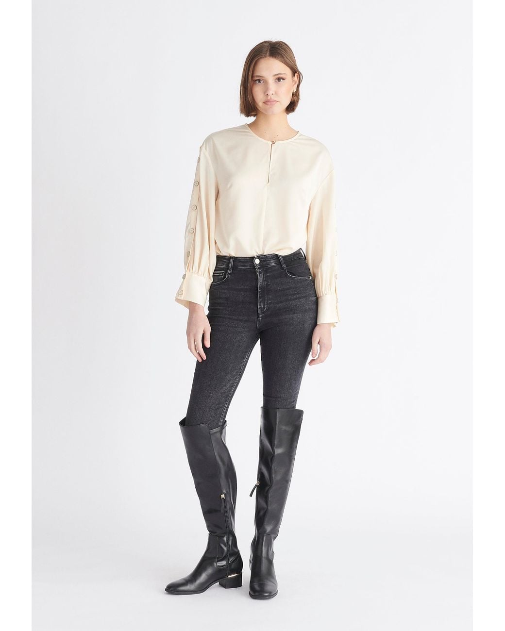 Paisie White Neutrals Button Sleeve Blouse