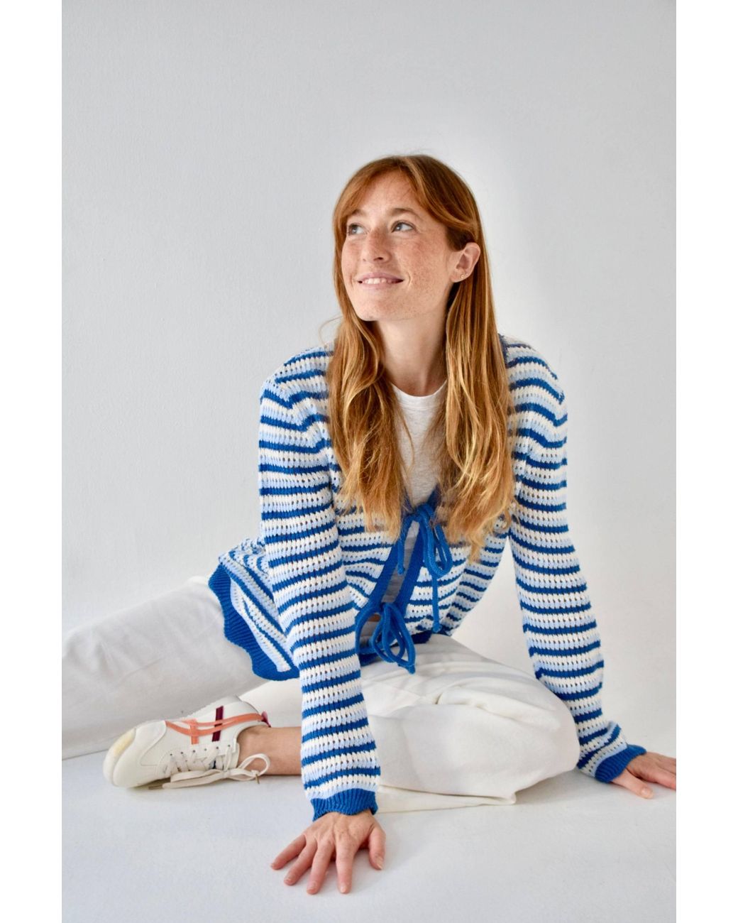 Mind Traveler Blue Striped Open-Knit Tie-Front Cardigan