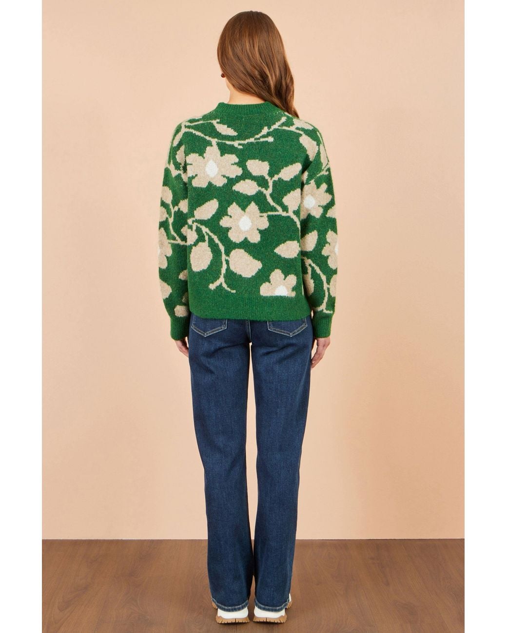 Yumi' Green Floral Intarsia Relaxed Fit Jumper