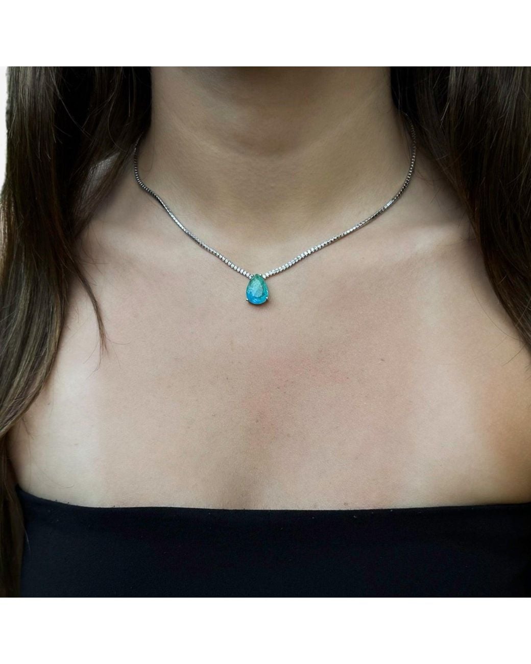 Ebru Jewelry Metallic Teardrop Paraiba Tourmaline Diamond Chain Happy Necklace