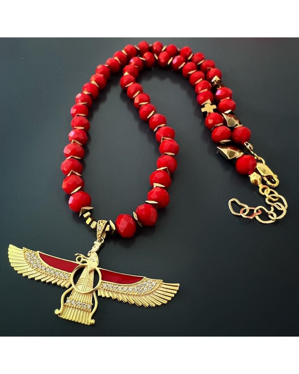 Ebru Jewelry Divine Protection Faravahar Symbol Pendant Red Beaded Necklace