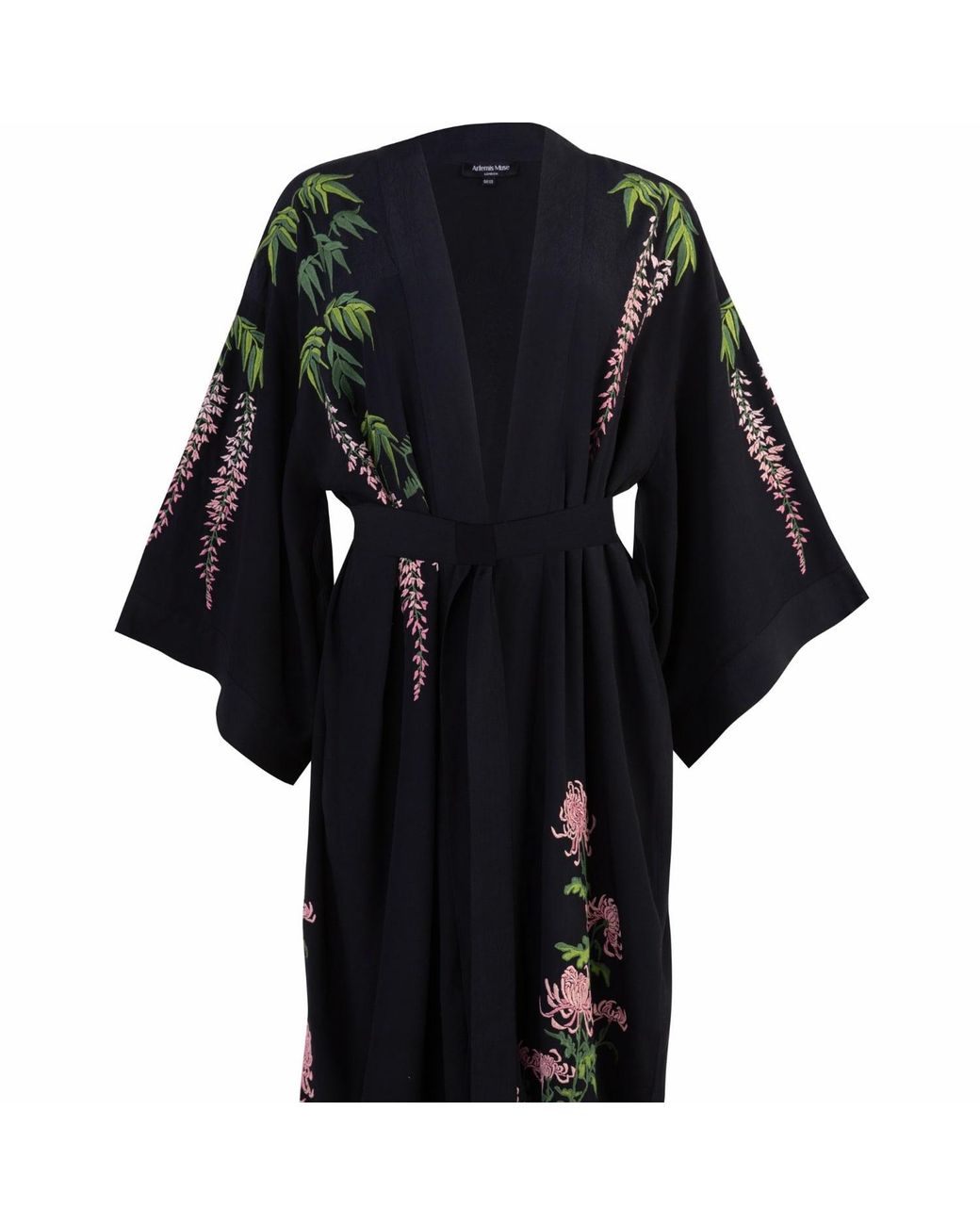 Artemis Muse Black Wisteria & Chrysanthemum Embroidered & Fully Lined Long Kimono