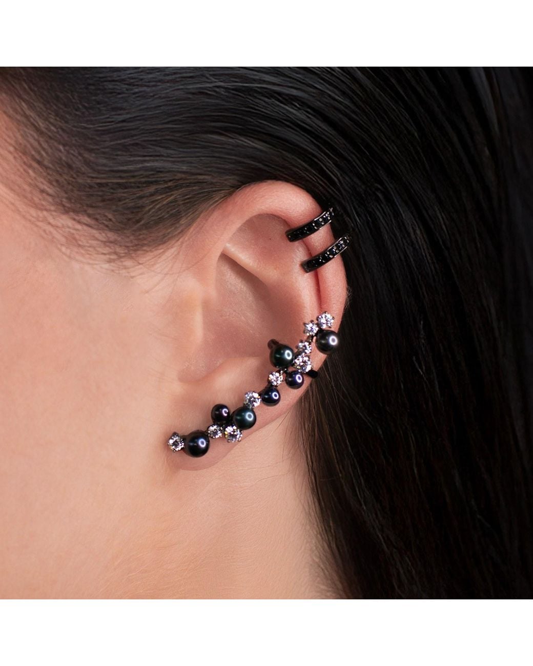 SALLY SKOUFIS Blue Eclipse Ear Crawler With Natural Pearl & Made Cz Diamond Stimulant