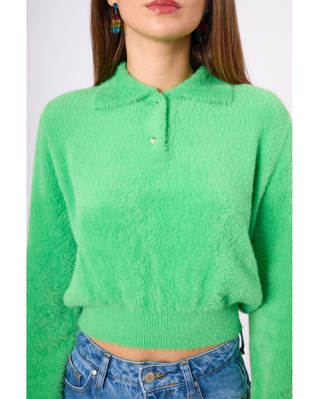 Peraluna Green Lucy Polo-Neck Crop Knit Blouse