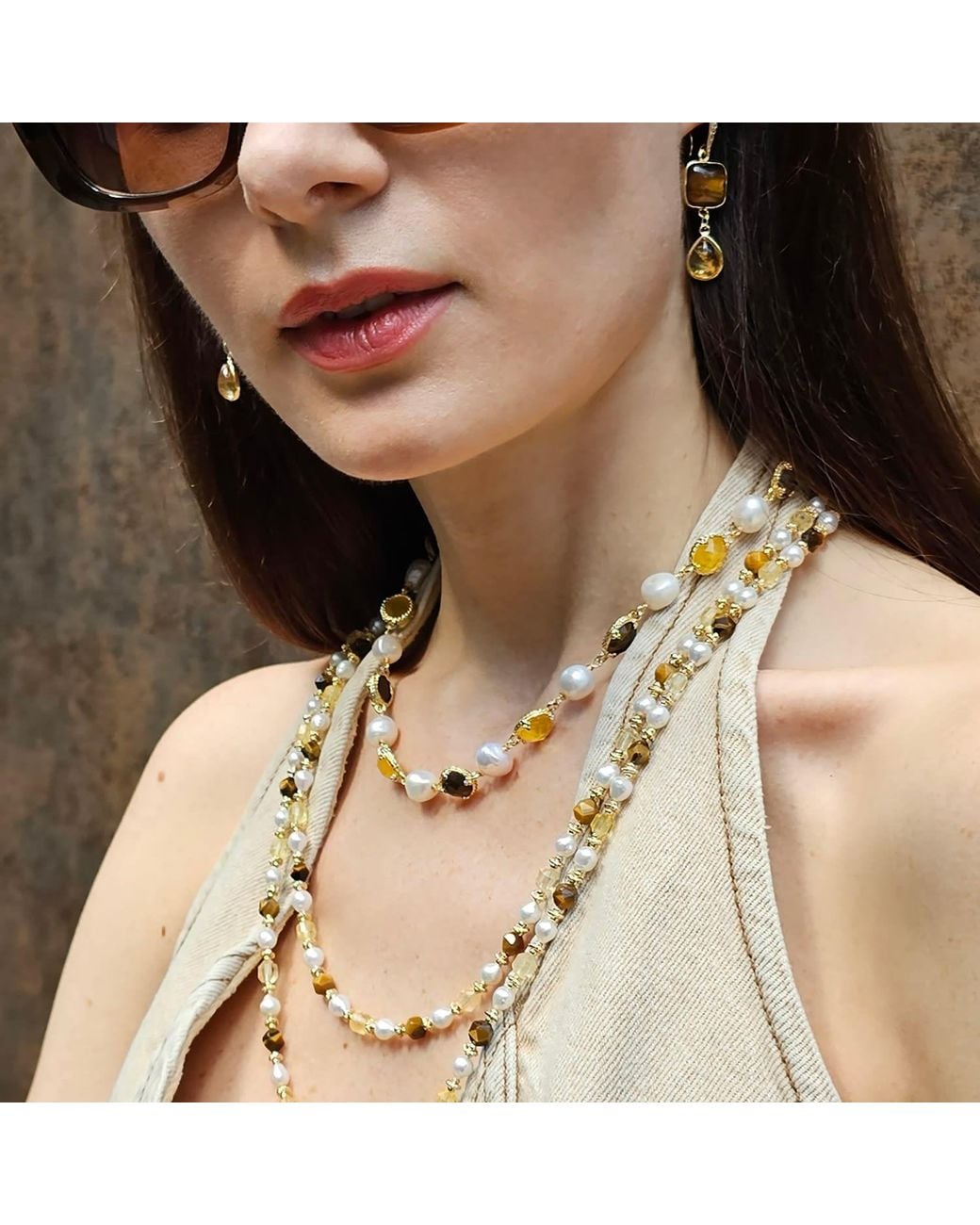 Farra Metallic Irregular Freshwater Pearls With Quartz And Tiger-Eye Stone Necklace
