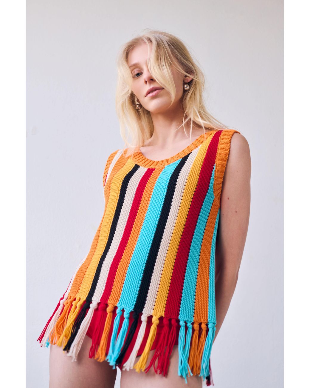 Gigi Knitwear Orange Naia Stripe Fringe Tanktop