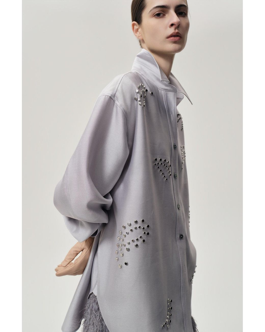 FRONT ROW SHOP Gray Stud-Embellished Shirt Pale
