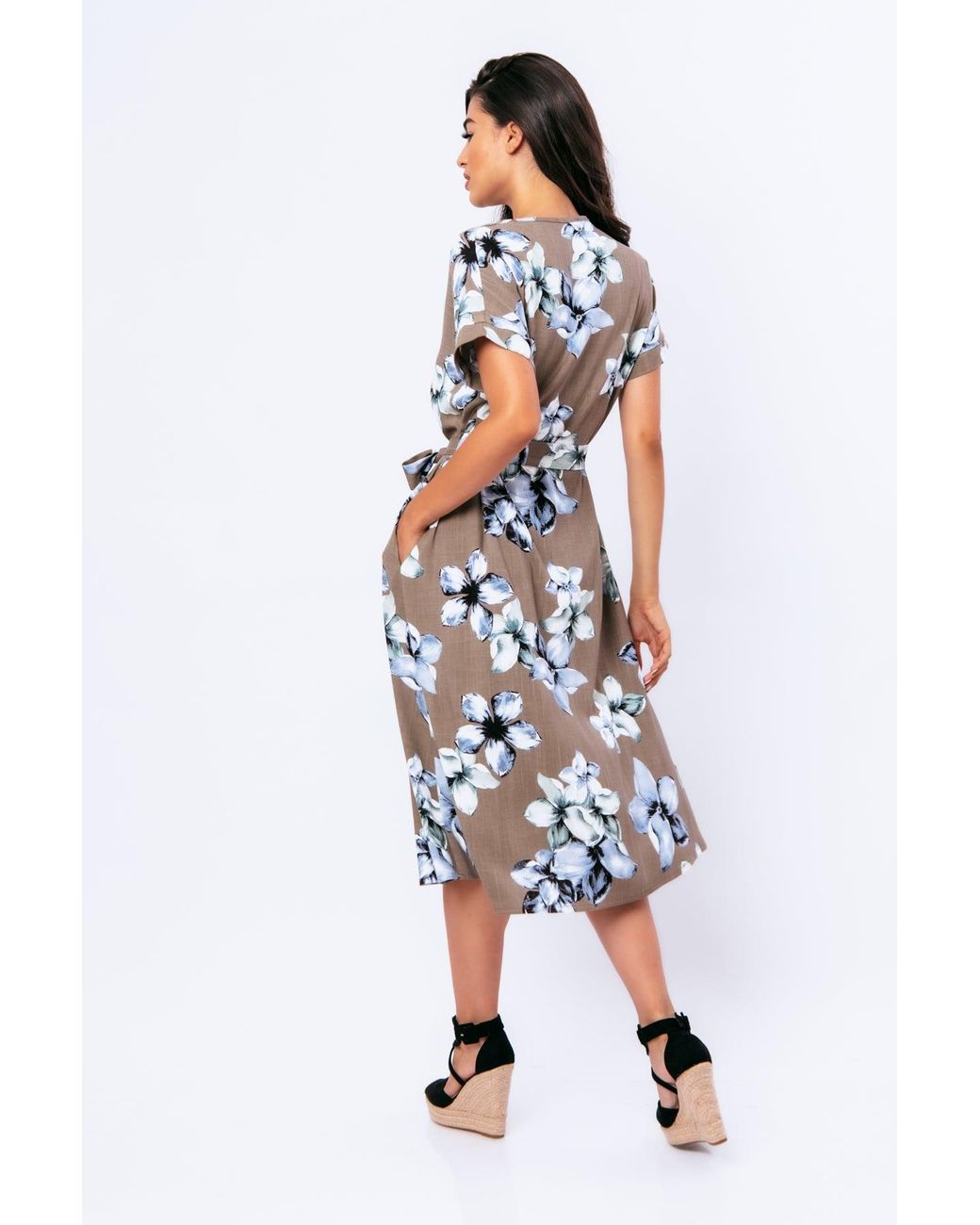 Conquista Blue Linen Style Floral Print Midi Dress With Belt
