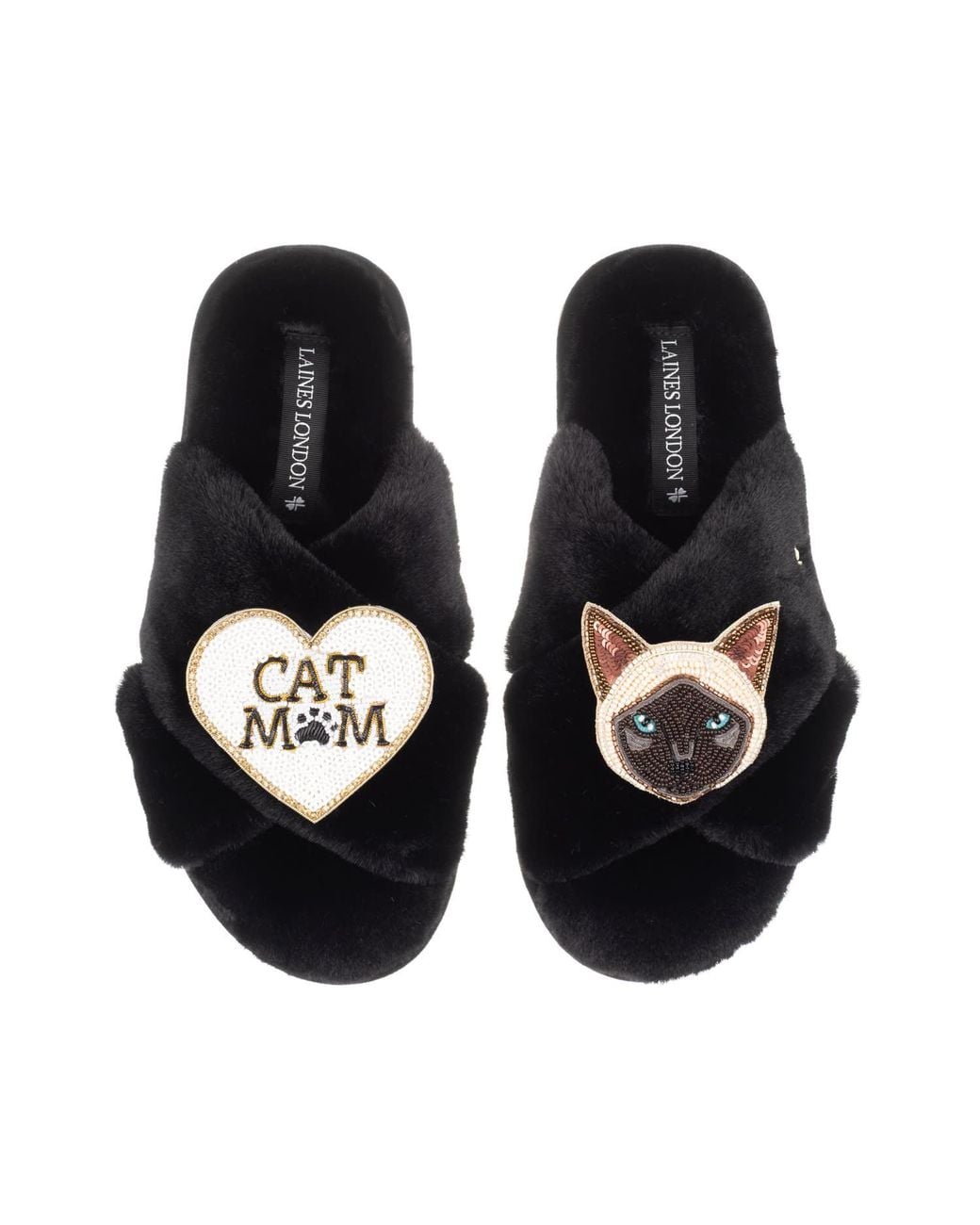 Laines London Black Classic Laines Slippers With Cat Mum Mom & Siamese Cat Brooches