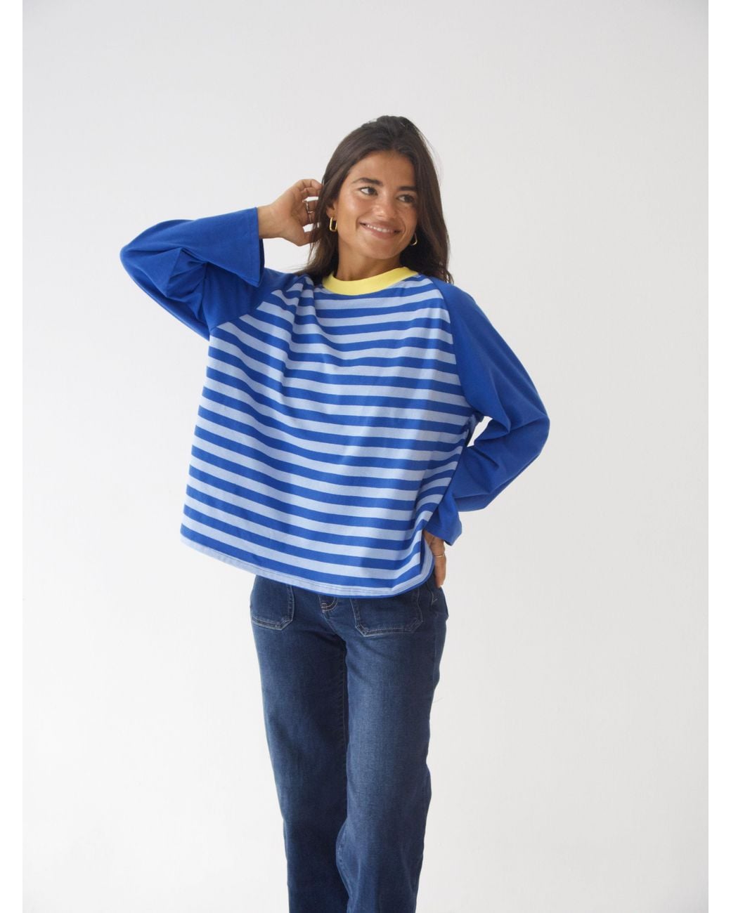 Mind Traveler Blue Striped Raglan Long Sleeve Carla Top With Contrast Neck