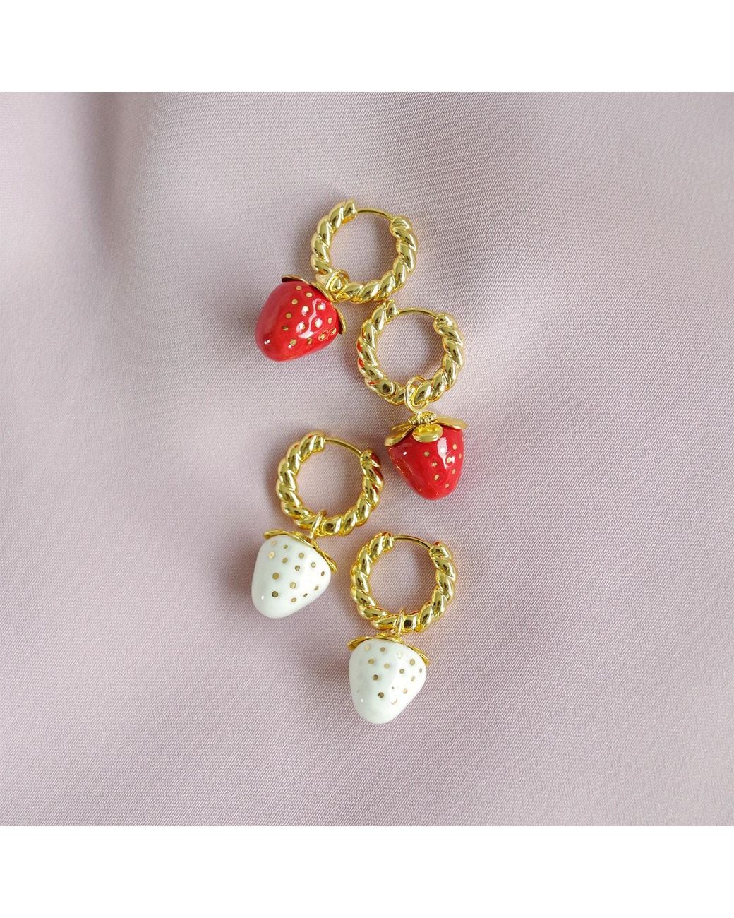 POPORCELAIN Metallic Mini Porcelain Strawberry Hoop Earrings