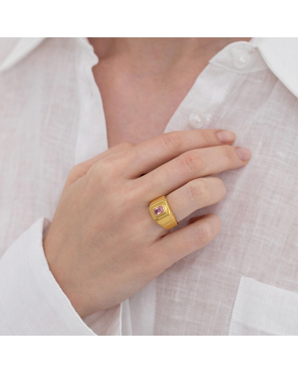 LINYA JEWELLERY Metallic Octagon Stone Signet Ring Sterling