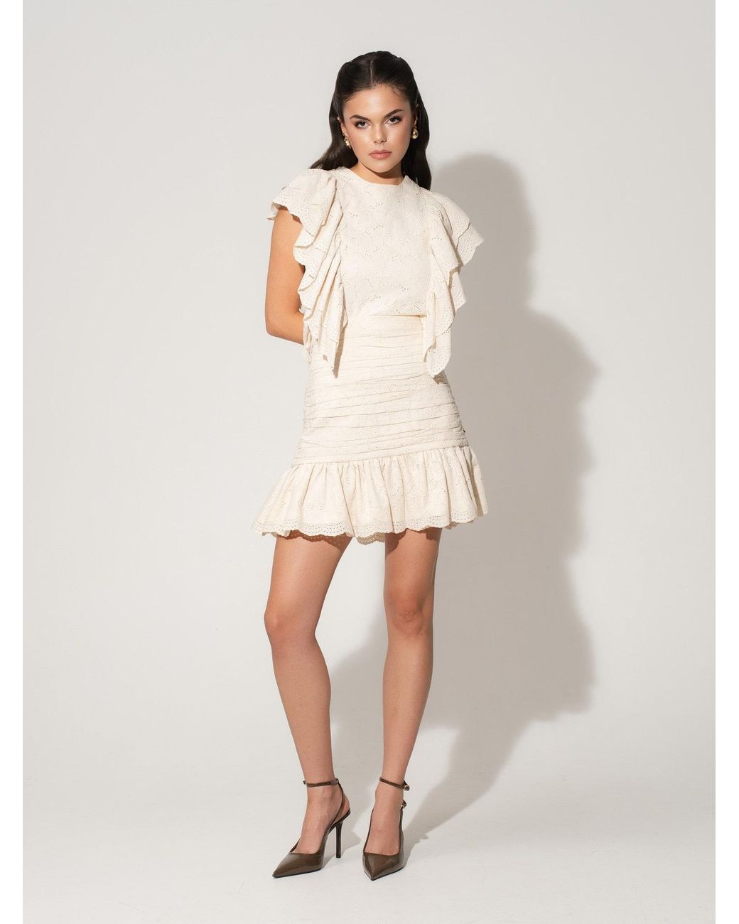 Tia Dorraine Natural Neutrals Ruffled Open Back Top & Ruched Mini Skirt Set