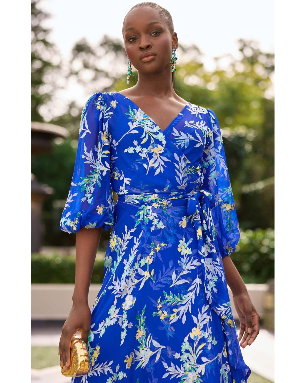 SACHA DRAKE Blue Elspeth Silk Rayon Wrap Midi Dress