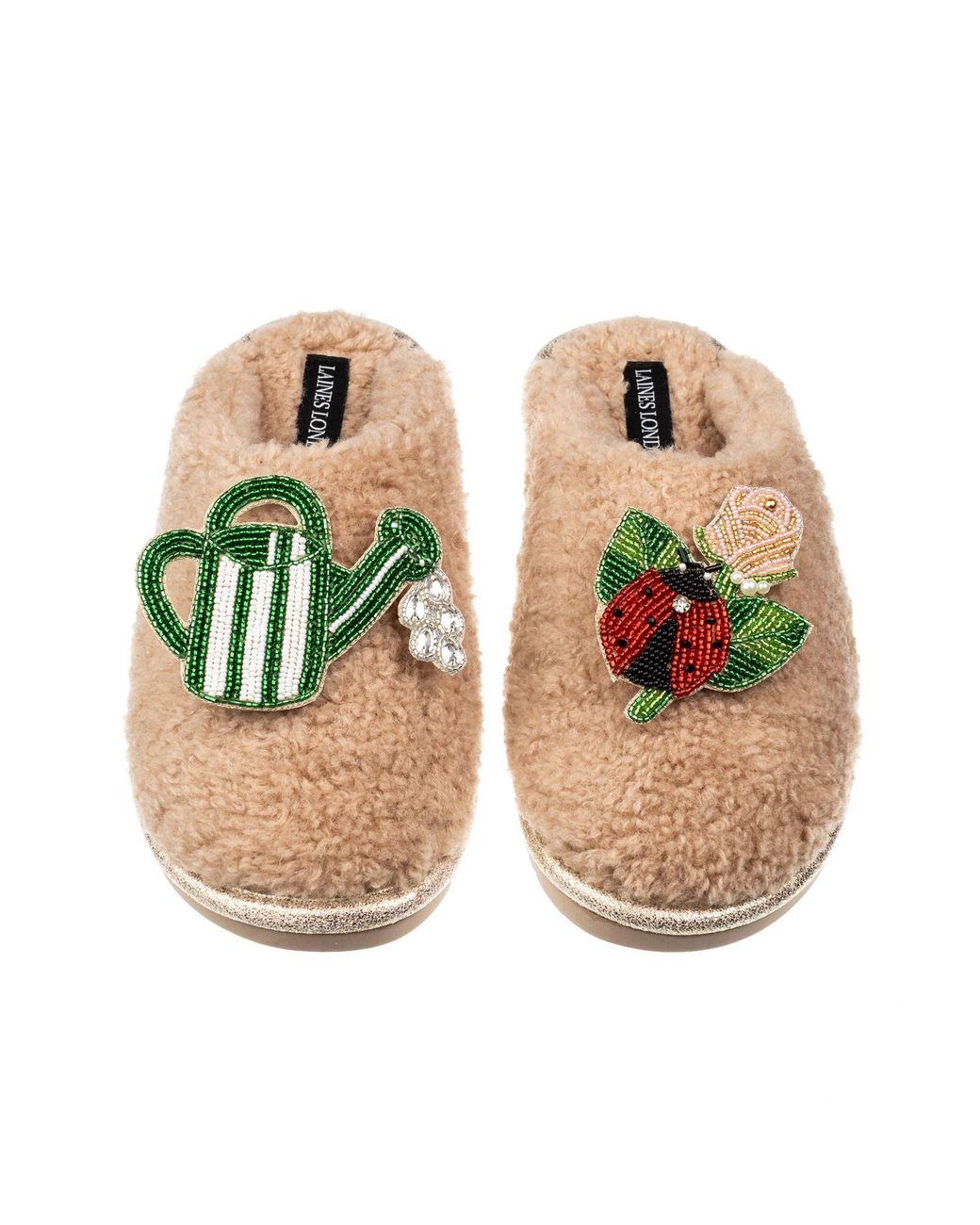 Laines London Multicolor Neutrals Teddy Closed Toe Slippers With The English Garden Brooches