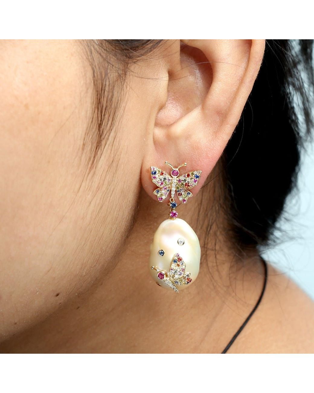 Artisan Metallic Unshaped Pearl, Chinese Sapphire & Pave Diamond Butterfly Dangle Earrings